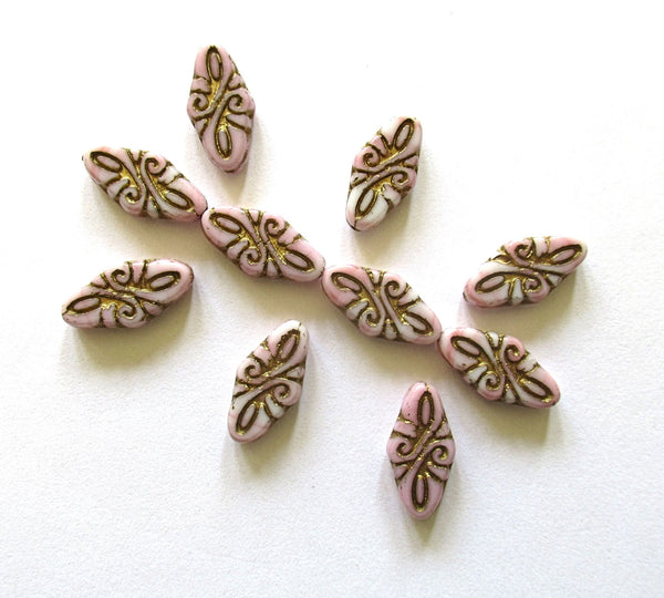 8 Czech glass arabesque beads - 9 x 19mm opaque pink & white diamond shaped engraved beads with a gold wash - C00211