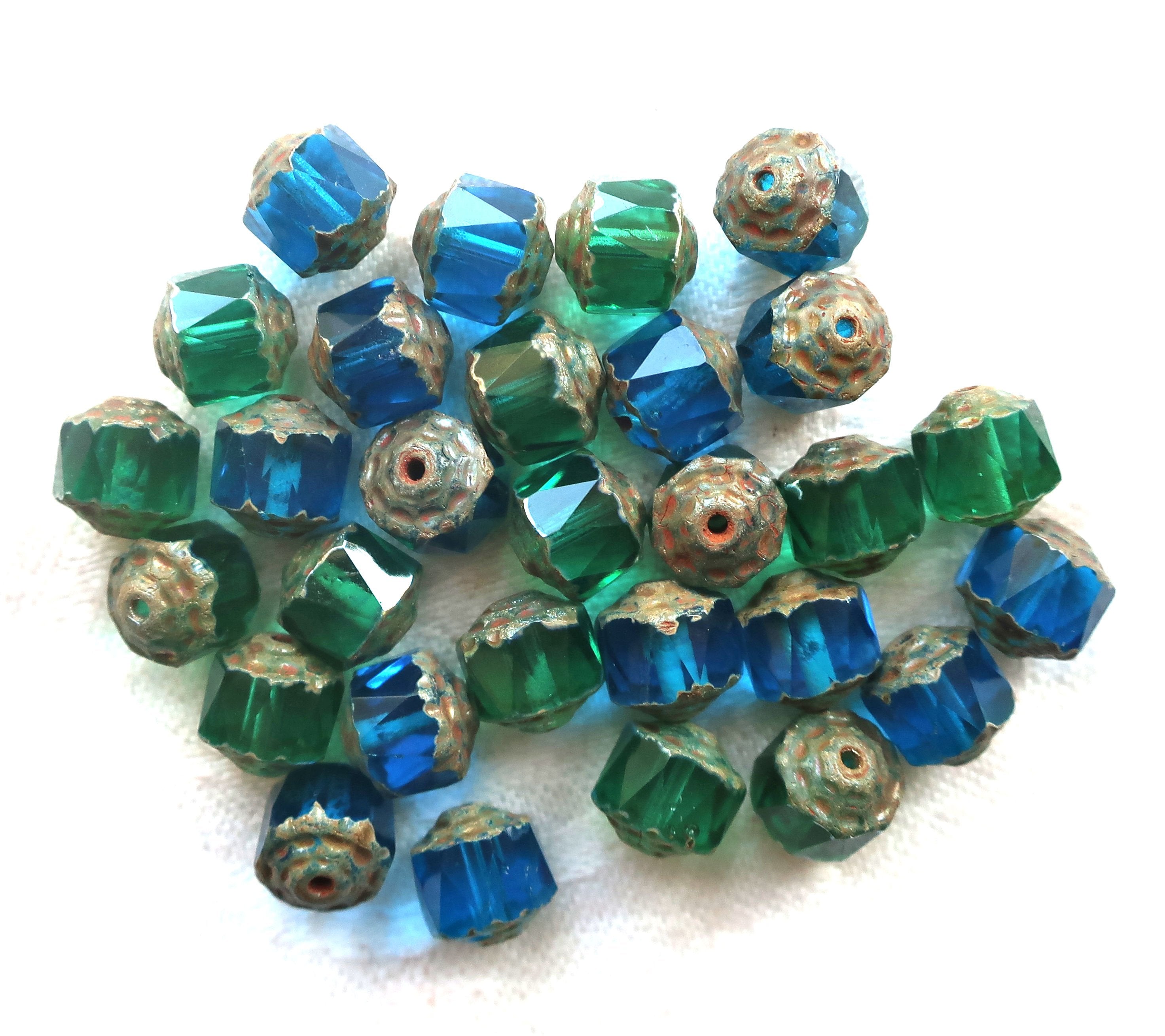 Lot of 10 Czech glass crown picasso beads, 8mm, aqua blue & peridot green mix, faceted, firepolished, antique cut beads C52101 - Glorious Glass Beads