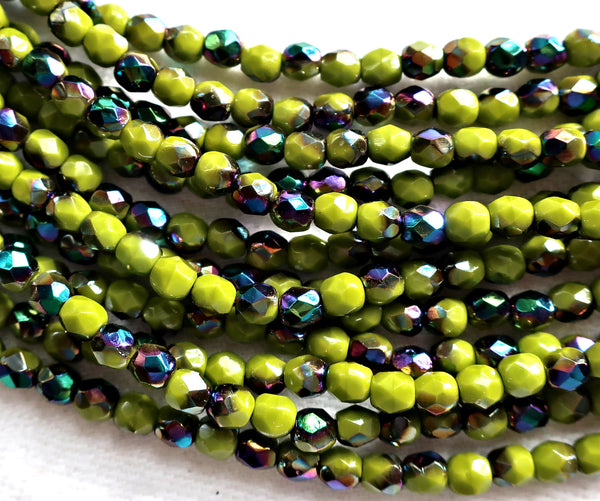 Lot of 50 4mm Opaque Olive Vitral Czech glass beads, olive green firepolished, faceted round beads with a vitral finish, C5625 - Glorious Glass Beads
