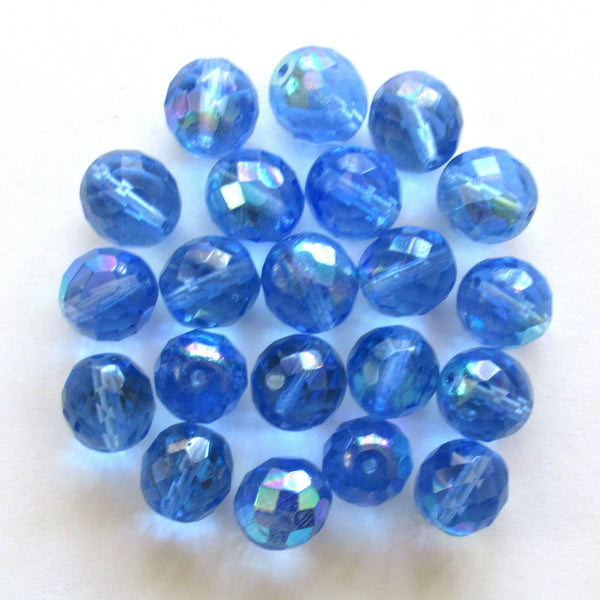 Ten Czech glass fire polished faceted round beads - 12mm light sapphire blue beads with an AB finish C0089