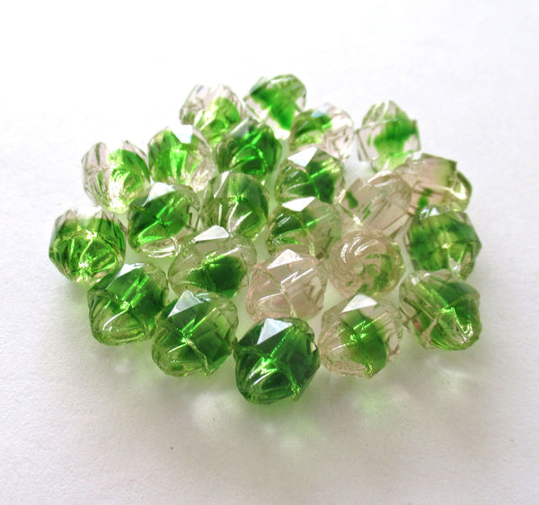 Ten Czech glass turbine beads - 10 x 8mm green & champagne mix faceted fire polished beads C00002