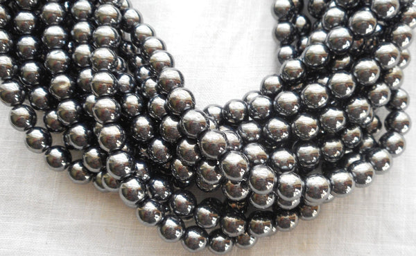 Lot of 50 Czech glass druks - 6mm Gray Metallic Hematite smooth roundround druk beads,C9850