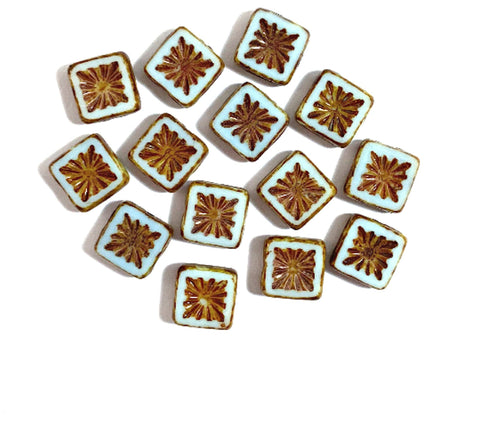 Ten 10mm x 10mm square opaque very light blue carved, table cut, Czech glass beads with picasso finish, front and back carved C0001