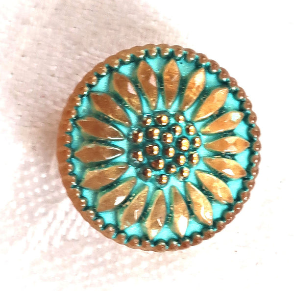 One 18mm Czech glass flower button, gold sunflower with a turquoise wash, verdigris look, decorative floral shank buttons 30201 - Glorious Glass Beads