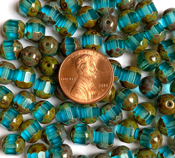 15 Czech glass faceted cathedral or barrel beads six sides - 8mm fire polished aqua blue beads with picasso finish on the ends C0096