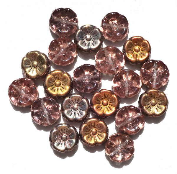 Lot of 20 12mm pink, apricot & taupe iridescent metallic Czech glass flower beads, pressed glass Hawaiian flowers, C06101