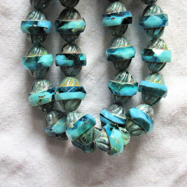 Five Czech glass turbine beads - 11 x 10mm opaque & transparent mix of aqua blue beads with a picasso finish, saturn beads C72101