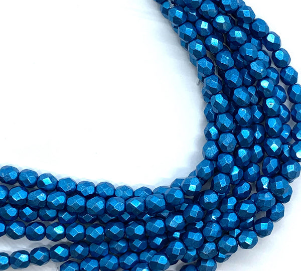 25 faceted round Czech glass beads - 6mm fire polished saturated metallic blue beads - C0045
