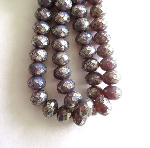 25 Czech glass faceted puffy rondelle beads - 5 x 7mm amethyst purple opal with an antique silver finish rondelles C00031