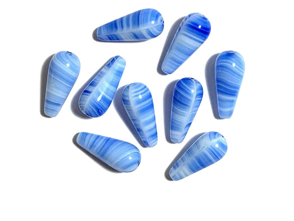Six large Czech glass teardrop beads - 9 x 20mm blue and white striped drop or pear beads - C0017