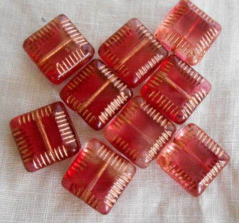 Four 14mm x 6mm fuchsia pink with gold accents table cut carved Czech square flat glass bead, chunky pink bead C63101