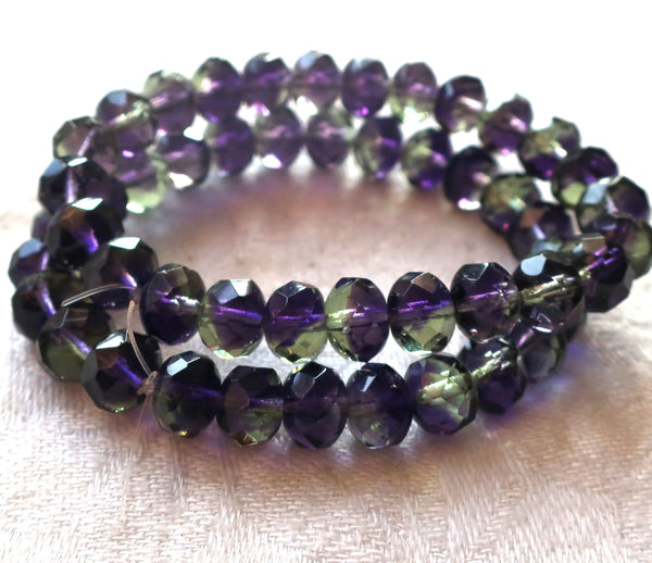 25 6 x 9mm Czech glass puffy rondelles, multicolored mix of transparent purple & green faceted puffy rondelle beads, C76225