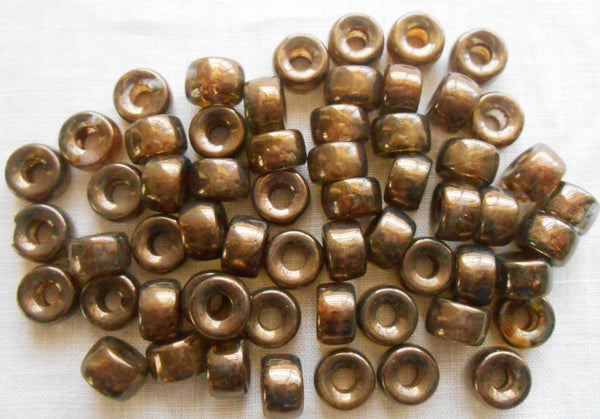 25 9mm Czech Dark Lumi Brown glass pony roller beads, large hole crow beads, C0029