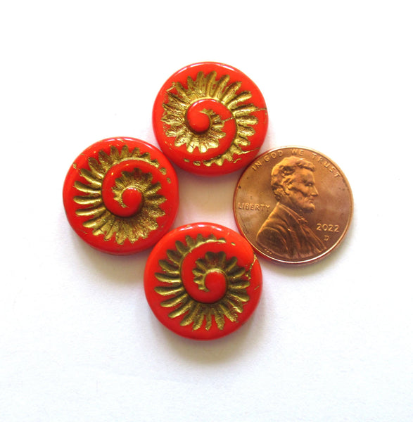 Four large Czech glass snail fossil beads - 18mm opaque red with a gold wash - coin / disc / focal beads C0007