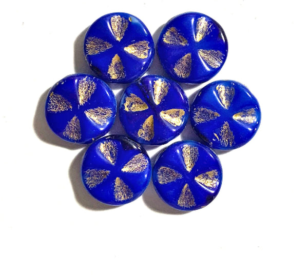 Six Czech glass beads, table-cut, carved, disc or coin beads, opaque blue / white Celtic, Iron cross with a gold picasso finish C0911