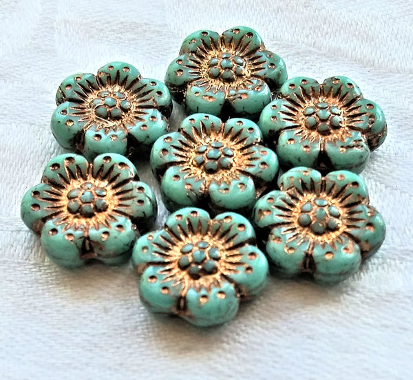 Twelve Czech glass wild rose flower beads - 14mm opaque turquoise green floral beads with a bronze wash C07105 - Glorious Glass Beads