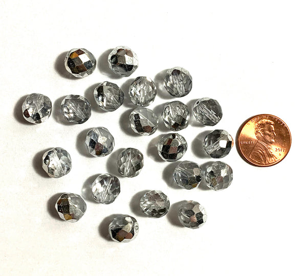 Twenty Czech glass fire polished faceted round beads - 10mm half silver & crystal beads C0029
