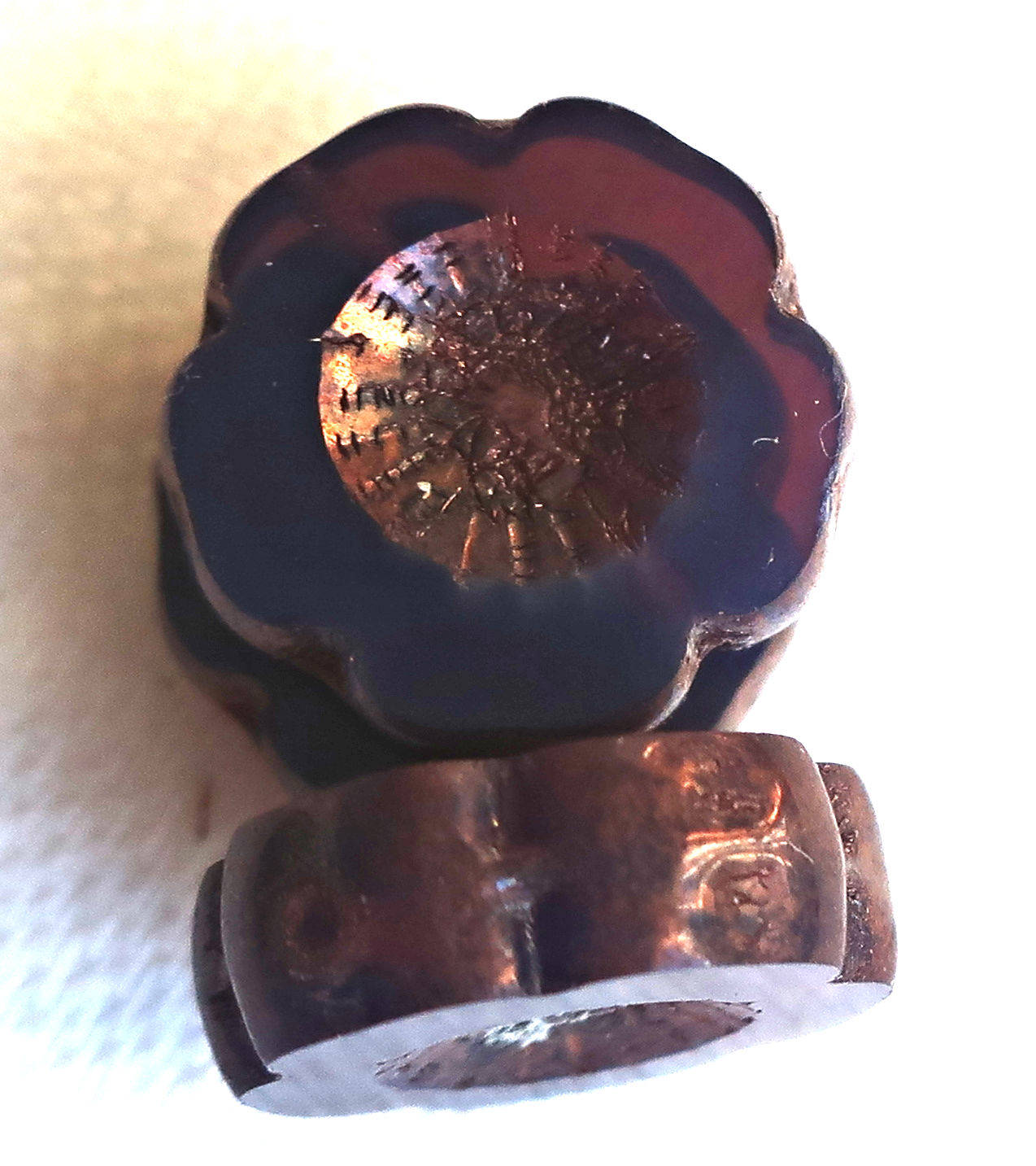 Six 14mm table cut, carved Czech glass flower beads, translucent amethyst, purple opal with a bronze picasso finish, Hawaiian Flowers C8901 - Glorious Glass Beads