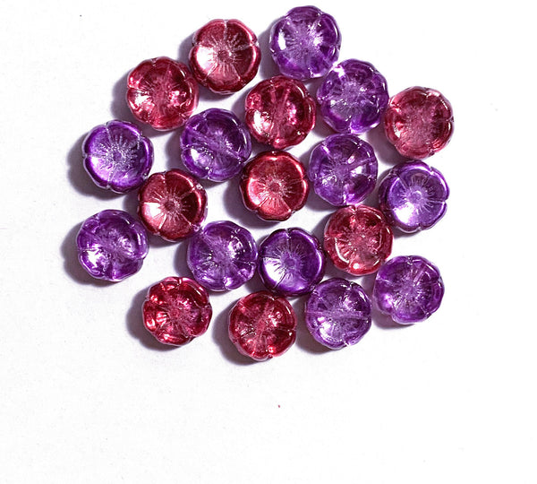 Ten 12mm Czech glass flower beads - pink and purple AB pressed glass flowers - C0111