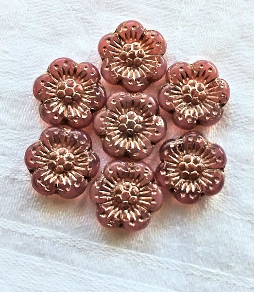 Twelve Czech glass wild rose flower beads - 14mm translucent milky pink opaline floral beads with a platinum wash C01201