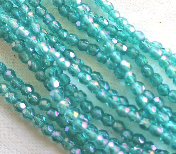 Lot of 50 3mm Czech Luster Iris Teal, Blue Green AB glass beads, firepolished, faceted, round beads, C8450