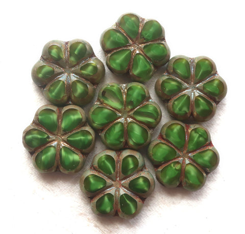 Lot of six Czech glass flower beads, 15mm table cut, carved, opaque, marbled forest or hunter green silk with a silver picasso finish C34106 - Glorious Glass Beads