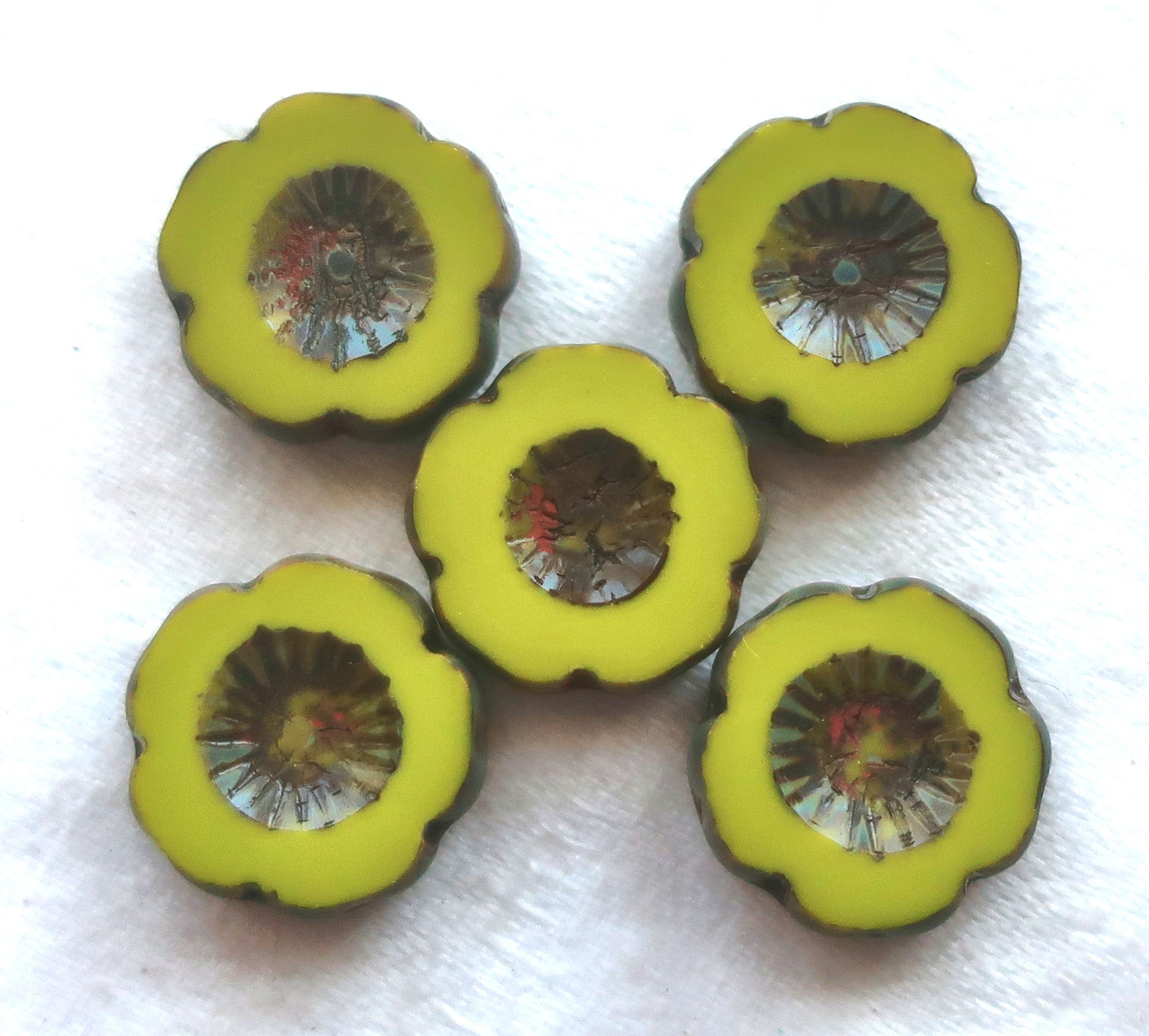 Five 14mm Czech glass beads; Hawaiian Flower beads, table cut, carved, opaque bright avocado, chartreuse green picasso floral beads C00101 - Glorious Glass Beads