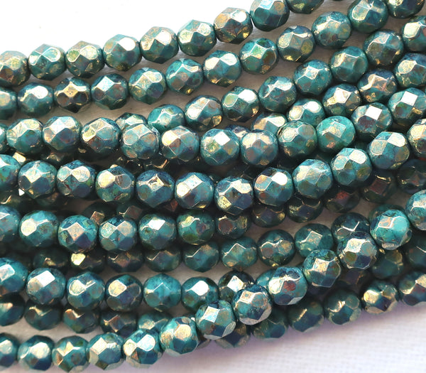 25 6mm Persian Turquoise Bronze Picasso Czech glass beads, firepolished, faceted round beads, C4825