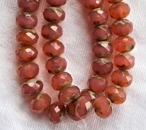 25 Czech glass faceted puffy rondelle beads - 5 x 7mm translucent salmon pink picasso rondelles 00201 - Glorious Glass Beads
