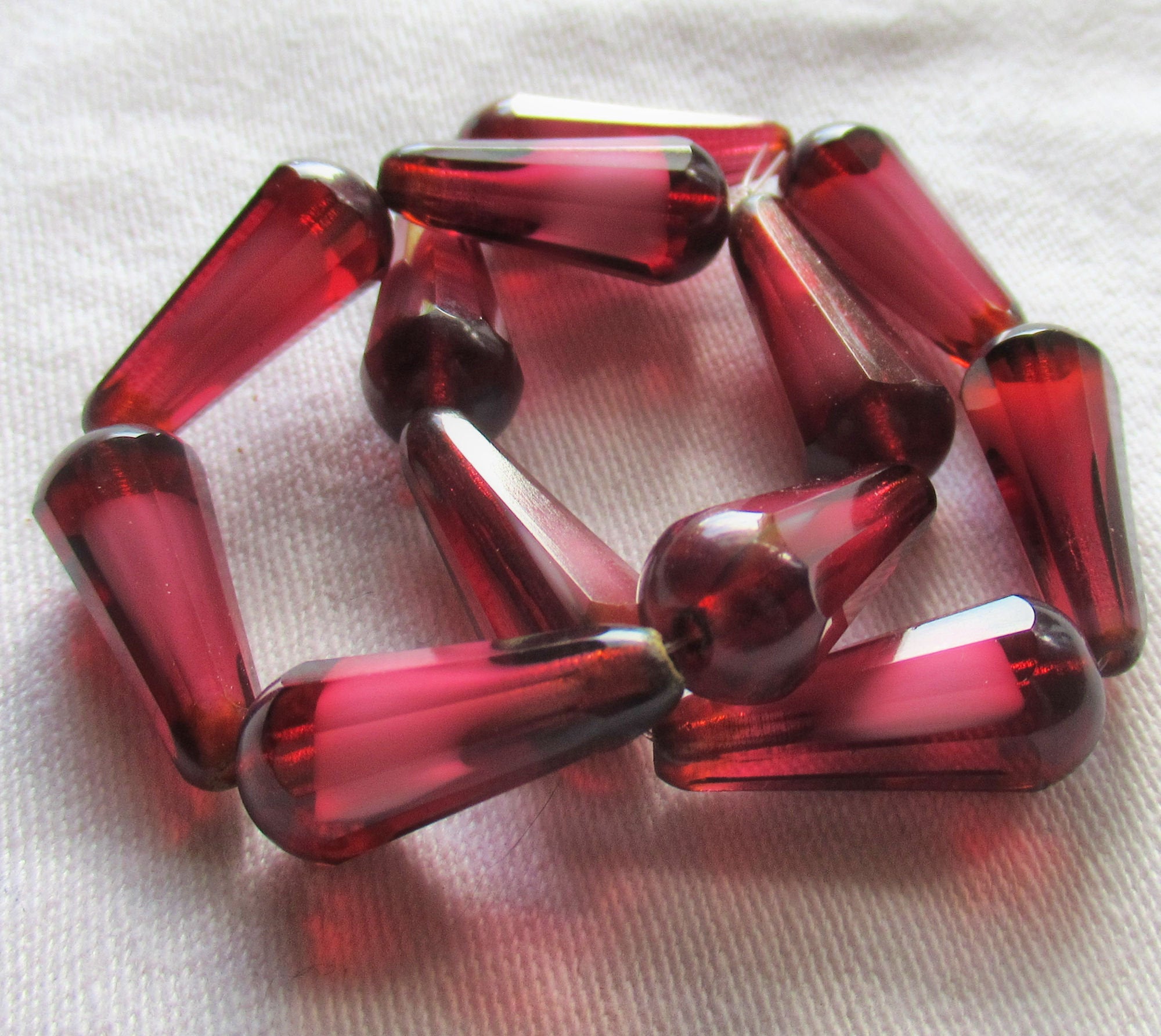 Six Czech glass long faceted teardrop beads - transparent fuchsia pink w/ picasso finish on the ends - 9 x 20mm elongated tear drops 16306