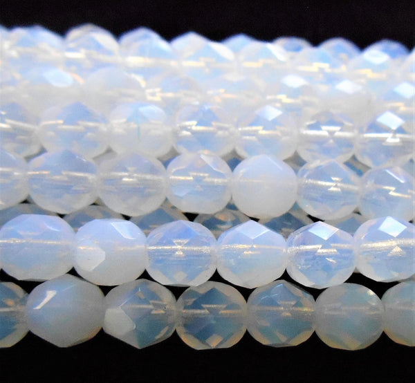 Lot of 25 6mm Milky White Czech glass beads, round firepoliched faceted white beads, C6401 - Glorious Glass Beads