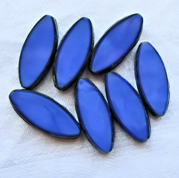 Ten 20 x 9mm opaque royal blue silk, table cut, picasso Czech glass spindle beads, almond shaped tube beads C33201