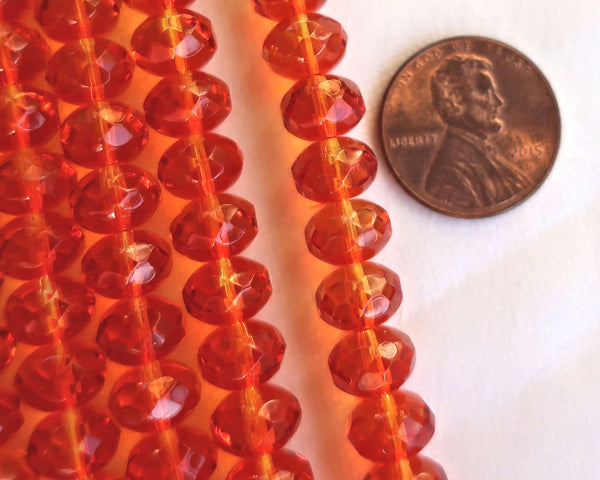 Lot of 25 6 x 9mm Hyacinth Orange & Amber, Fire Opal puffy rondelle beads, firepolished, faceted Czech glass beads 03125 - Glorious Glass Beads