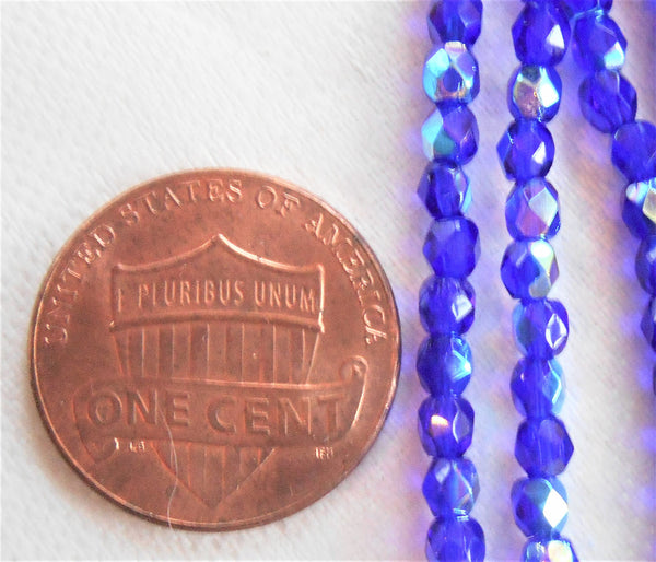 50 3mm Czech Cobalt Blue AB Czech glass beads, firepolished faceted round beads C7450 - Glorious Glass Beads