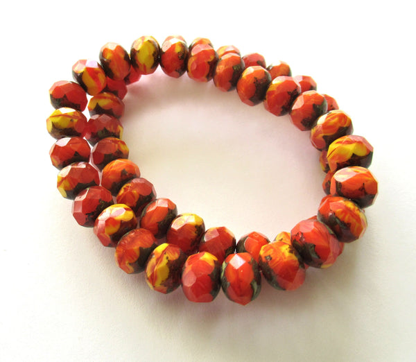 25 6 x 9mm Czech glass puffy rondelle beads - faceted translucent orange and opaque yellow color mix yellow picasso rustic rondelles C00523
