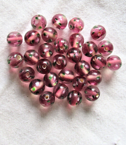 Lot of 20 8mm smooth round pink floral druk beads - made in India glass flower smooth round druks C5901