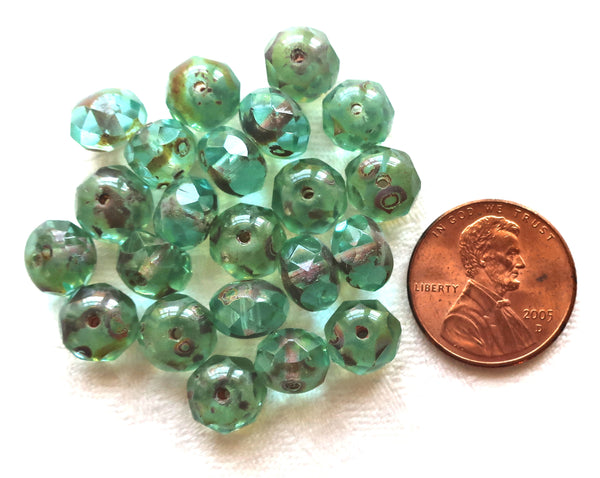 25 faceted Czech glass puffy rondelle beads, 8 x 6mm transparent aqua blue green picasso rondelles on sale 00201 - Glorious Glass Beads