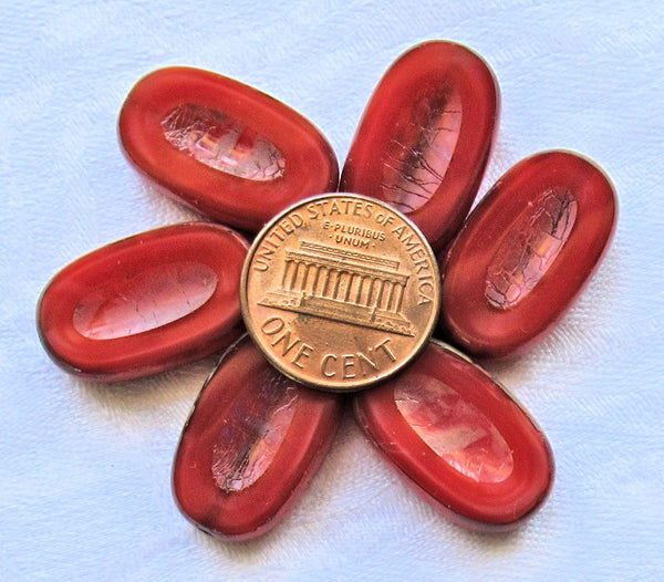 Five large Czech glass oval beads - 22 x 13mm opaque red, carved, chunky, table-cut, oval, picasso beads - C07101 - Glorious Glass Beads