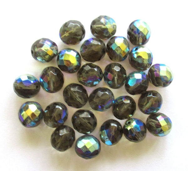 Ten 12mm Czech glass beads - Black Diamond AB faceted fire polished round glass beads C00301