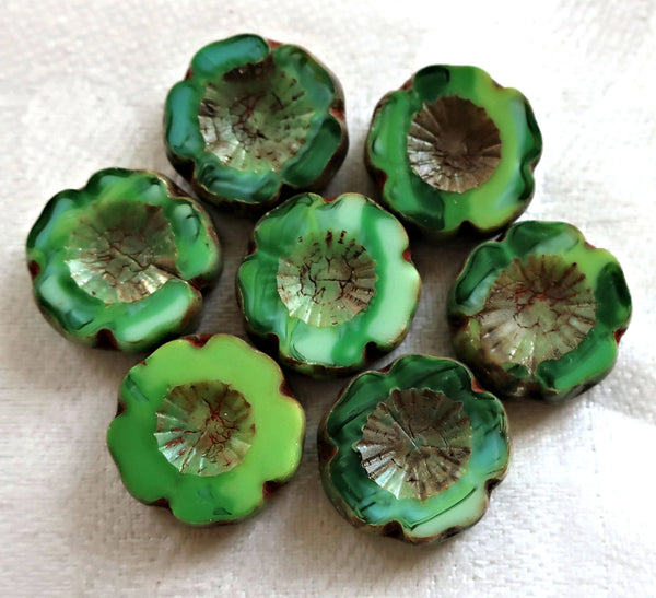 Six 14mm table cut, carved, opaque marbled green picasso Czech glass beads; Hawaiian Flower beads C02106