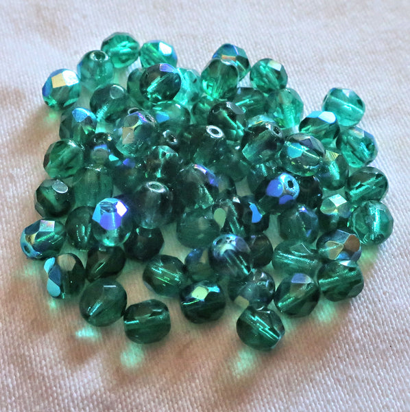 Lot of 25 viridian, teal blue green AB Czech glass beads - 6mm firepolished, faceted round beads C7425