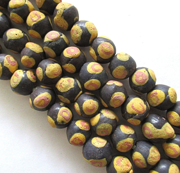 8 African Ghana Krobo round recycled glass beads - brown beads w/ orange spots - 11 - 14mm sand cast - big hole rustic beads - C00211