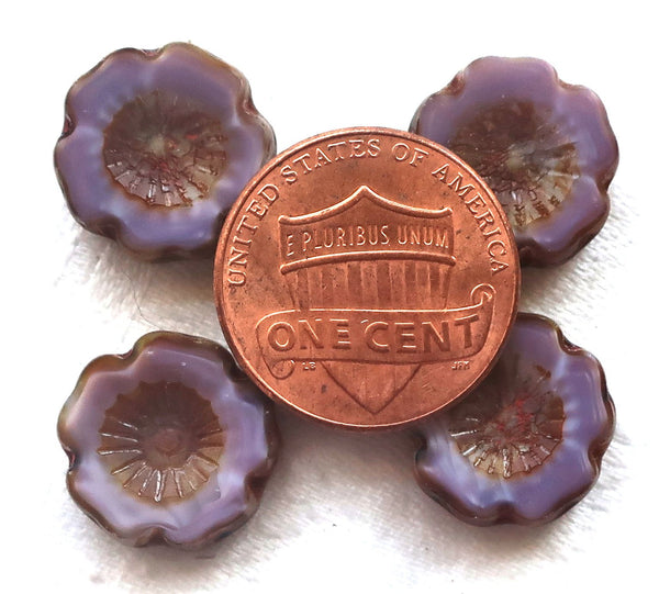 Six 14mm Czech glass hibiscus Hawaiian flower beads, table cut, carved, opaque purple silk, lavender, lilac with a picasso finish C02106 - Glorious Glass Beads