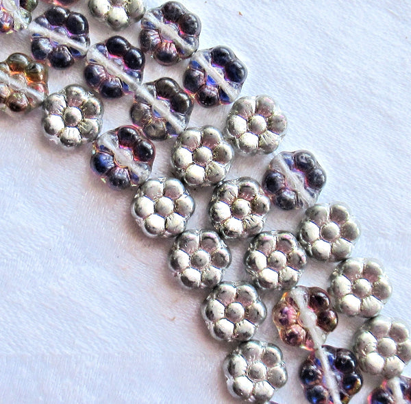 Lot of 25 8mm Amethyst / Silver Czech glass flower beads - purple & silver pressed glass flower beads - C5301 - Glorious Glass Beads