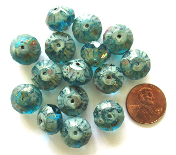 Five Czech large glass faceted rivoli saucer beads - 9 x 13mm aqua blue w/ picasso finish - chunky rustic earthy beads C00822