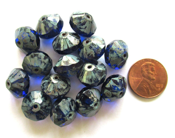 Lot of five Czech large glass faceted rivoli saucer beads - 9 x 13mm cobalt blue w/ picasso finish - chunky rustic earthy beads C00822