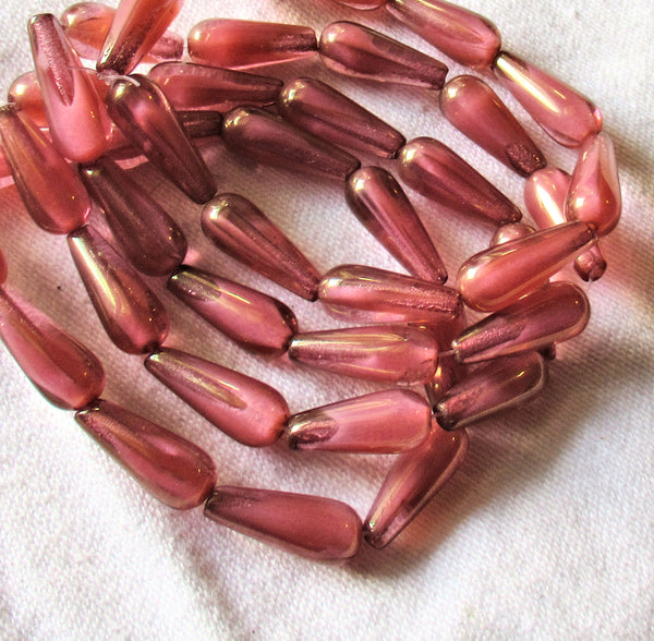 Ten Czech glass teardrop beads - transparent pink white hearts & a gold finish - 6 x 15mm elongated tear drops 82106