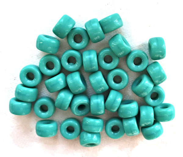 Lot of 25 9mm Opaque Turquoise Blue Green Czech glass pony, roller beads, large hole crow beads, C0097