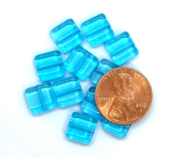 Twenty 9mm square Czech glass beads - transparent aqua blue pressed glass beads C0004
