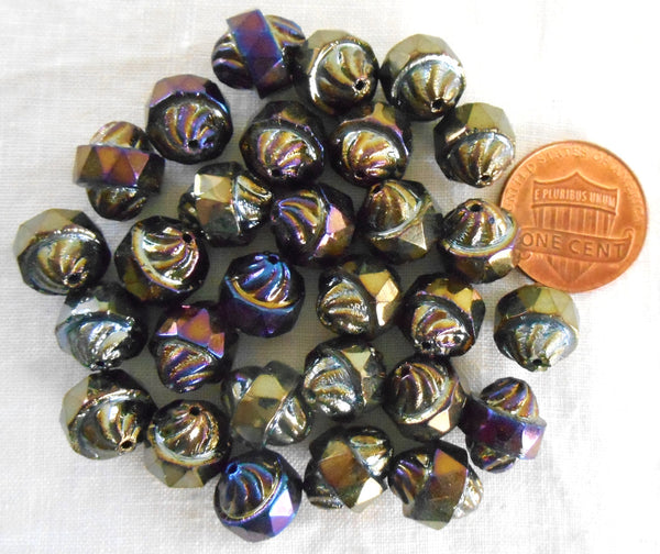Ten 11 x 10mm Czech Brown Iris turbine, cathedral, saturn beads, brown multicolored iridescent Czech glass beads C8410